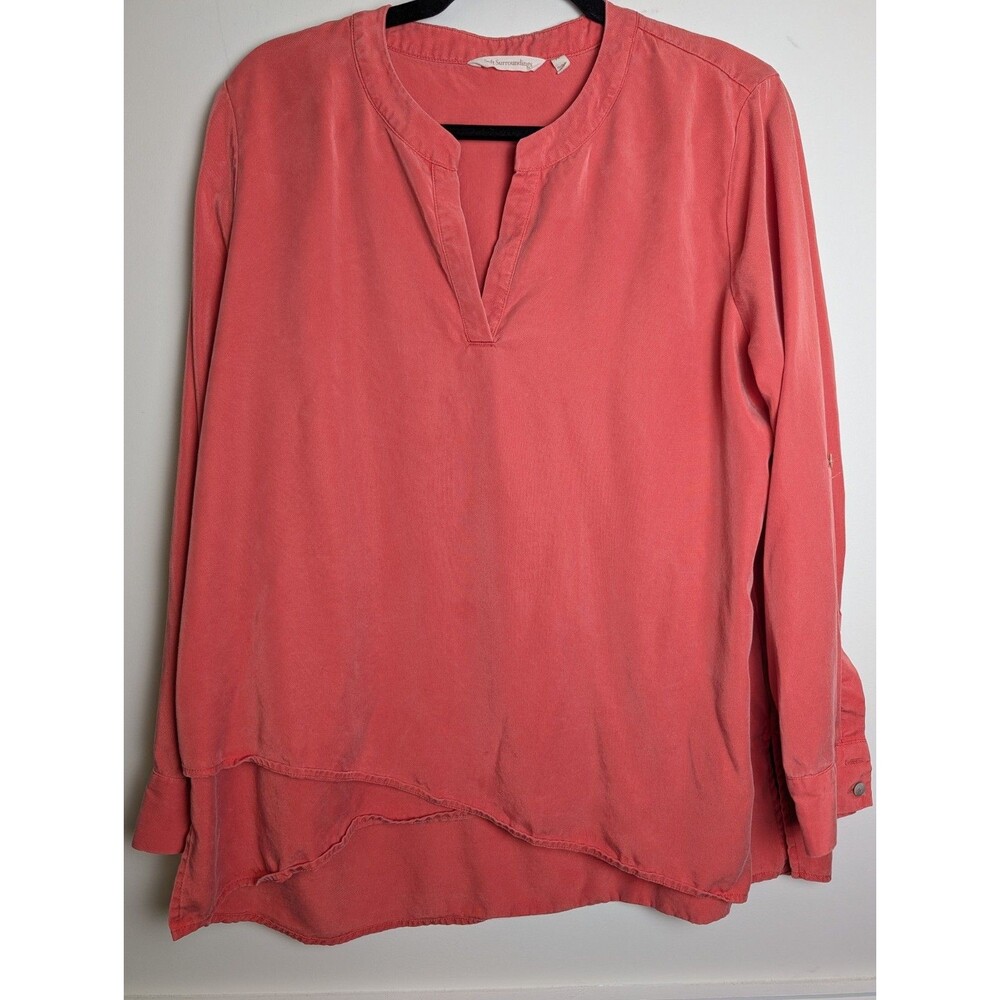 Soft Surroundings Womens OJ Roll Tab Sleeve V-Neck Side Slit Blouse Top Size PL
